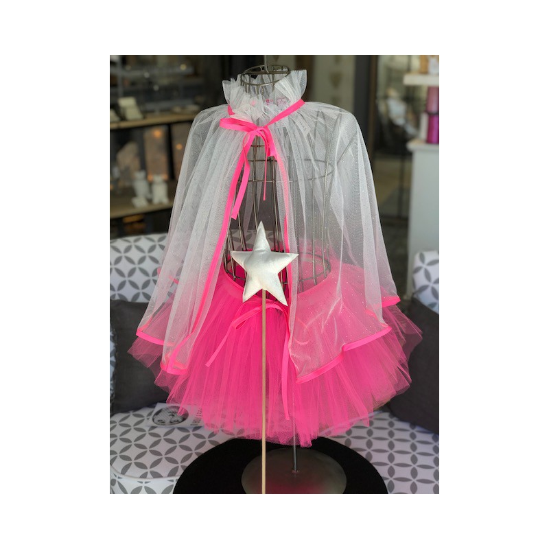 White and silver sequins tulle CAPE with neon pink tie